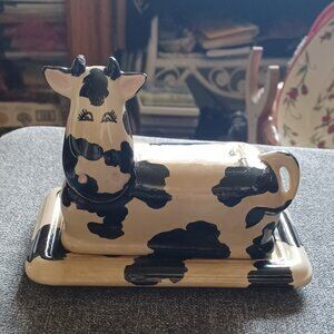 Vintage 80's Duncan Enterprises Cow Butter Dish Farmhouse Ceramic signed Unique